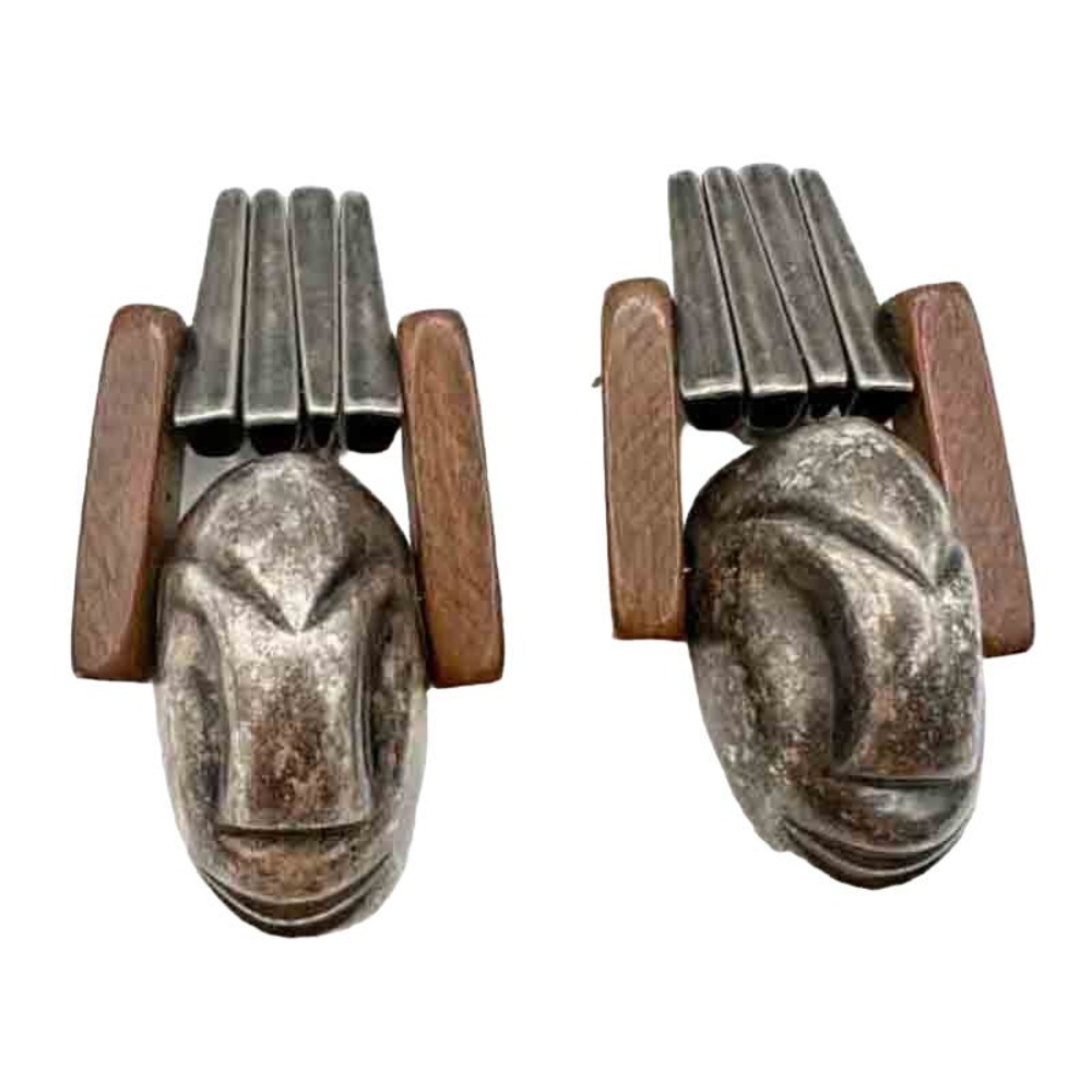 Vintage Modern Handmade Mask Clip On Earrings Pewter? Wood Tribal Easter Island